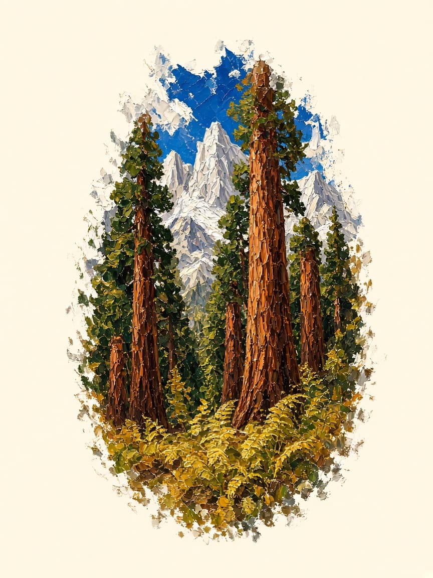 Oil-painted illustration of giant sequoia trees and granite peaks, brushstrokes trailing off into the page